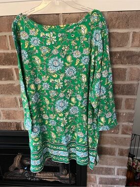 Kim Rogers Green Floral Print Tunic with Yellow & Blue Accents
